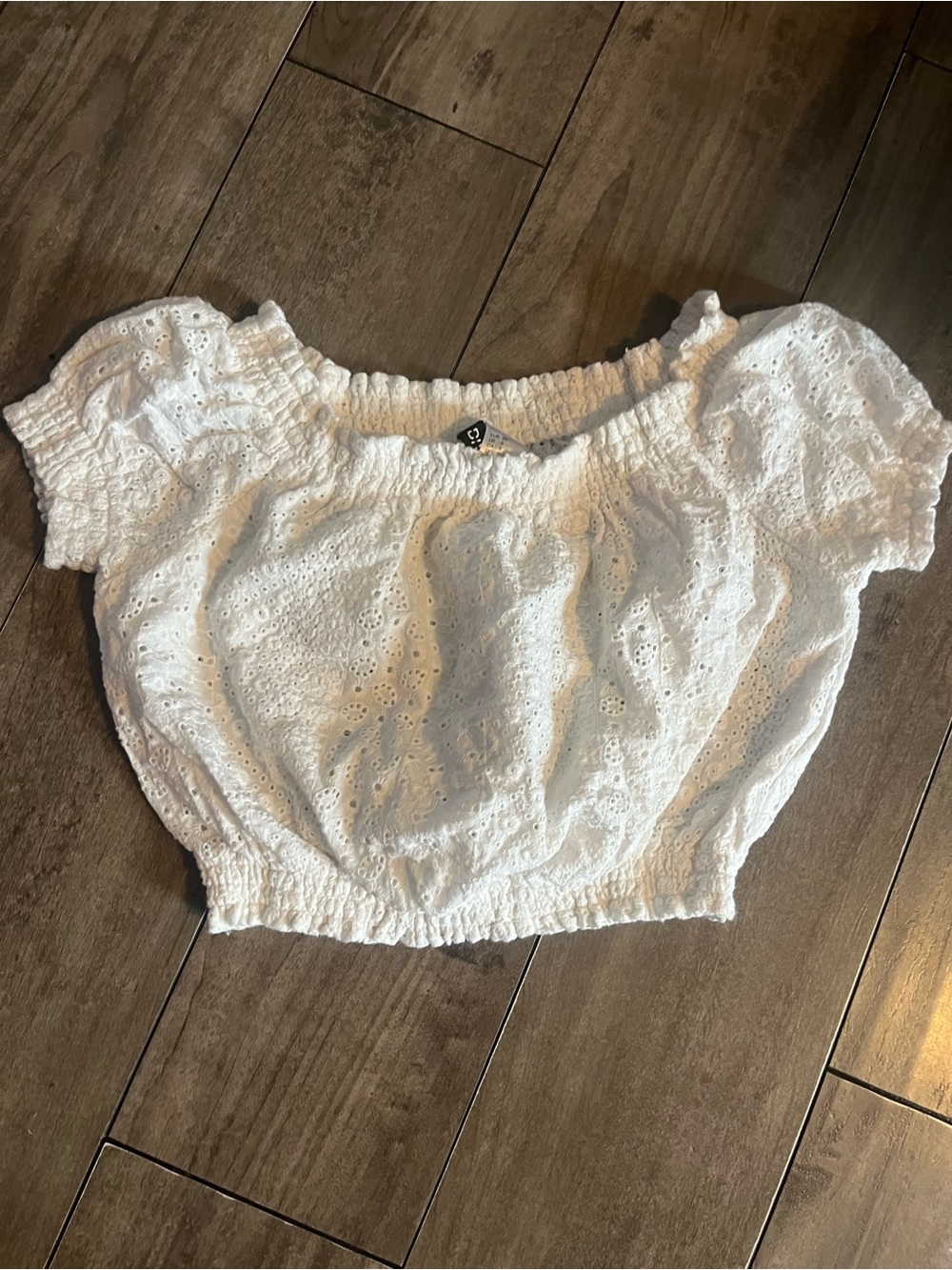 Divided White Eyelet Off-Shoulder Smocked Crop Top